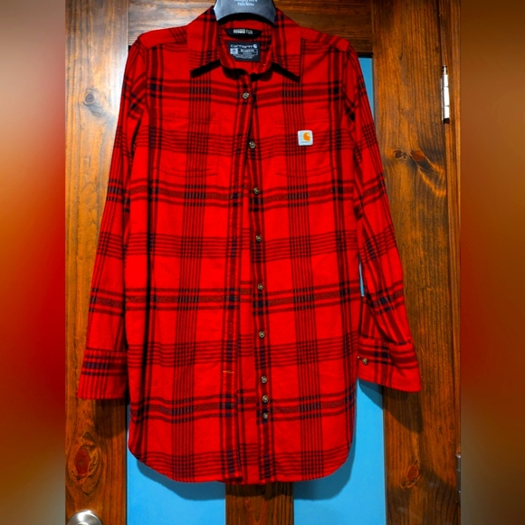 Carhartt Rugged FlexFlannel red/black BuffaloCheck button down Tunic/Top XSmall - Picture 1 of 13